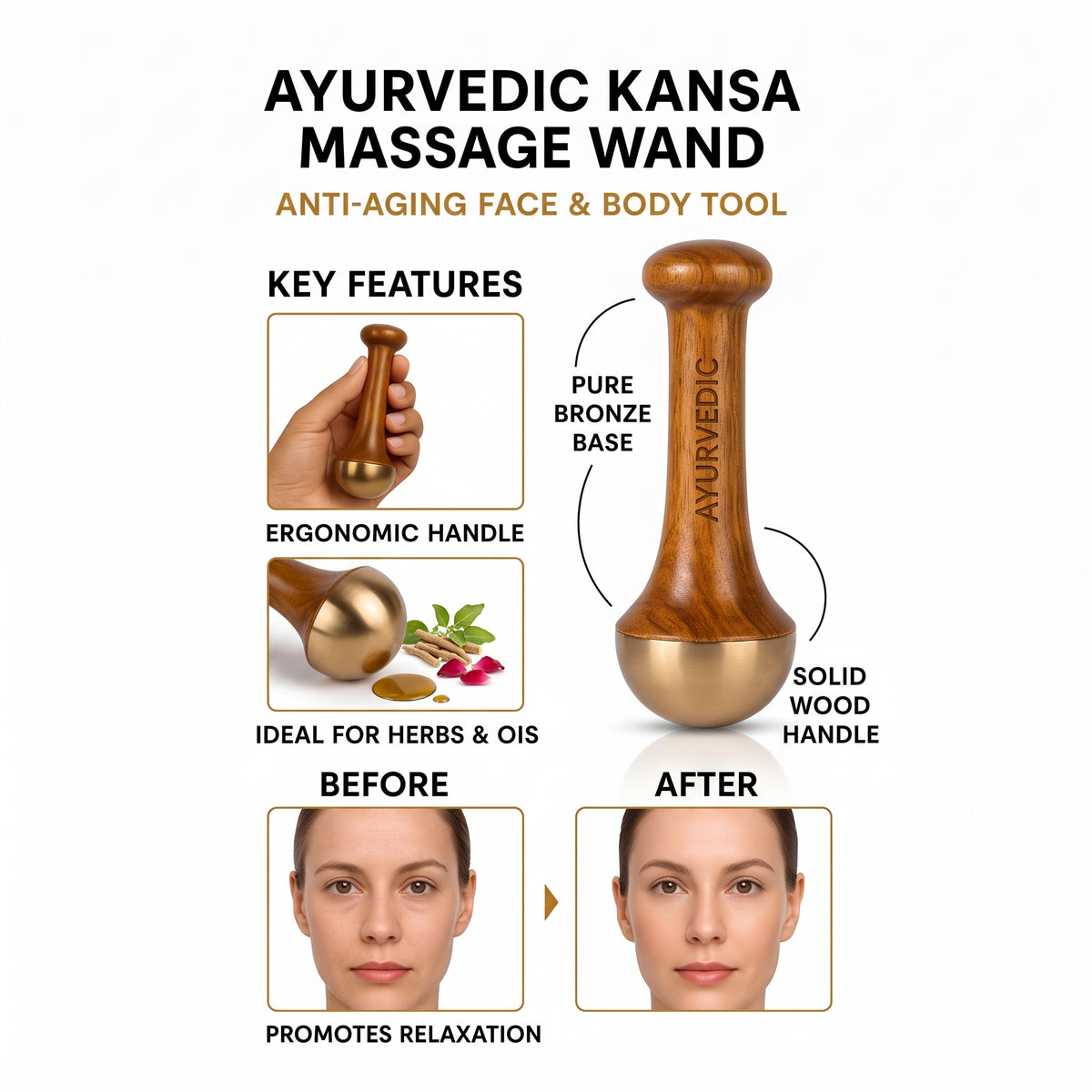Kansa Wand Face & Foot Massager – Premium Ayurvedic Bronze Massage Tool with Wooden Handle