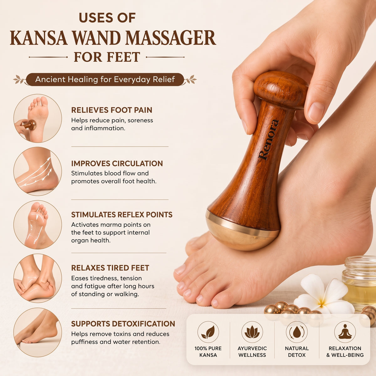 Kansa Wand Face & Foot Massager – Premium Ayurvedic Bronze Massage Tool with Wooden Handle