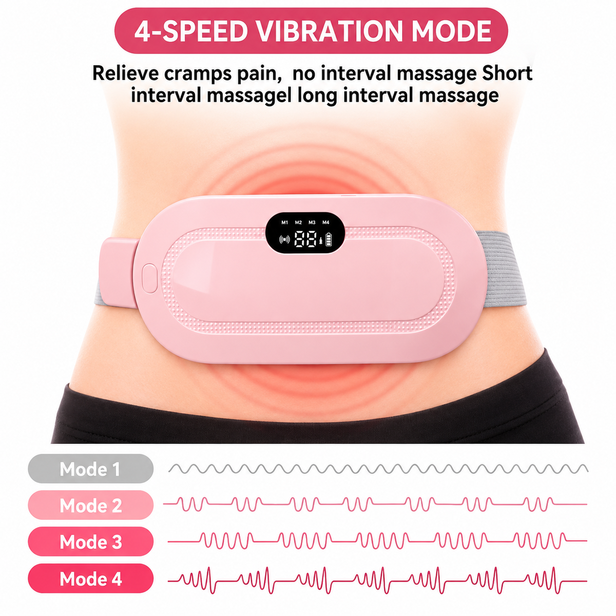 Portable Heated Menstrual Cramp Relief Belt – 3 Heat Levels, 4 Massage Modes, Rechargeable Electric Heating Pad for Women & Girls