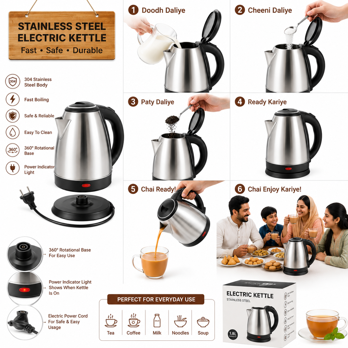 Electric Kettle 1500W – Stainless Steel Electric Water Boiler with Fast Heating, Automatic Shut-Off & 360° Rotational Base – Tea, Coffee & Hot Water Maker for Home & Kitchen