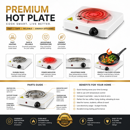 Raf Premium Electric Hot Plate – 1000W | Fast Heating Portable Stove for Home & Kitchen