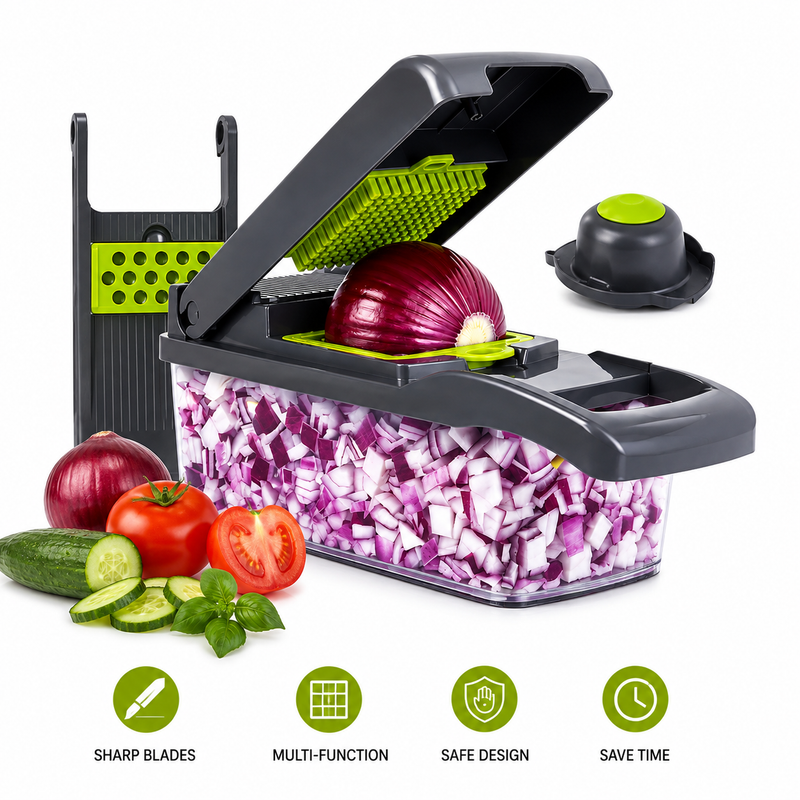 Vegetable Chopper 16 Pcs Set – 16-in-1 Manual Food Slicer, Dicer, Grater, Julienne & Onion Cutter with Container – Multi-Function Kitchen Tool