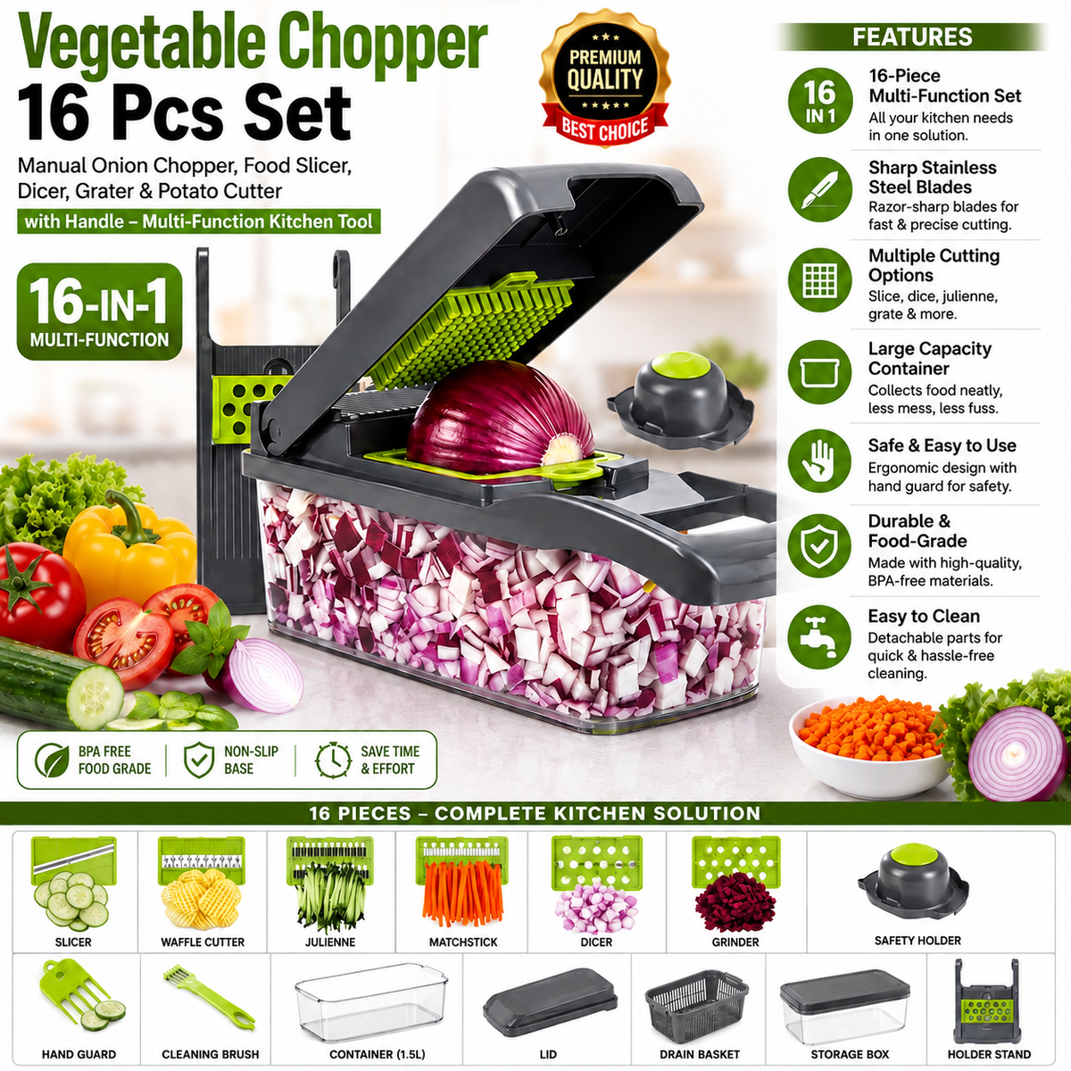 Vegetable Chopper 16 Pcs Set – 16-in-1 Manual Food Slicer, Dicer, Grater, Julienne & Onion Cutter with Container – Multi-Function Kitchen Tool