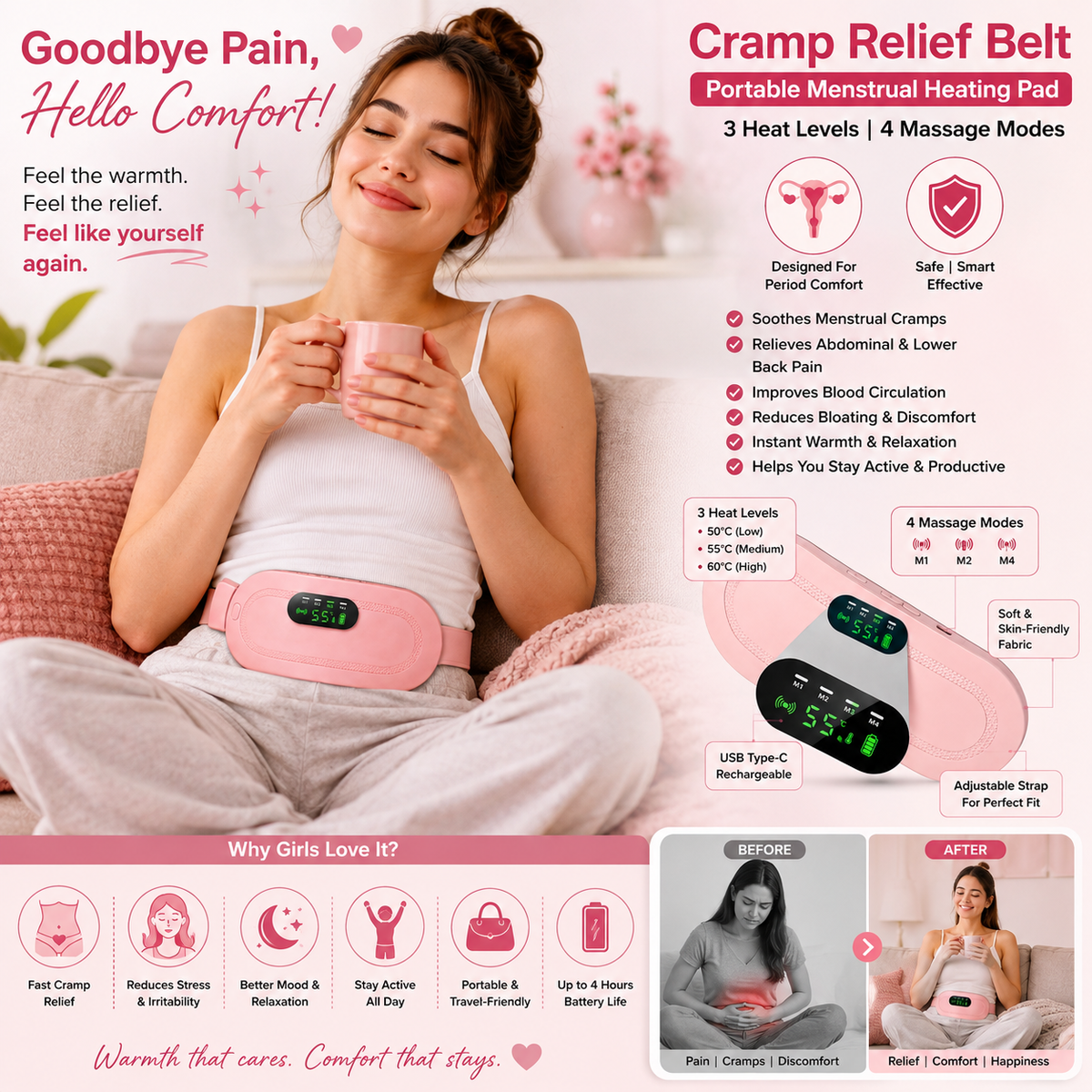Portable Heated Menstrual Cramp Relief Belt – 3 Heat Levels, 4 Massage Modes, Rechargeable Electric Heating Pad for Women & Girls