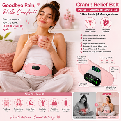 Portable Heated Menstrual Cramp Relief Belt – 3 Heat Levels, 4 Massage Modes, Rechargeable Electric Heating Pad for Women & Girls