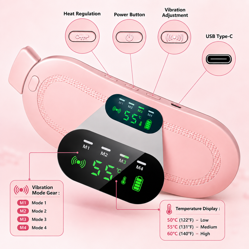 Portable Heated Menstrual Cramp Relief Belt – 3 Heat Levels, 4 Massage Modes, Rechargeable Electric Heating Pad for Women & Girls