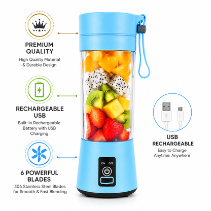 Portable Rechargeable Mini Juicer Blender – 6-Blade 380ml Smoothie Maker | USB Electric Fruit Juicer for Home, Office & Travel
