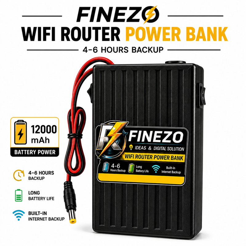 Finezo WiFi Router Power Bank 6000mAh – 12V Mini UPS with 5–6 Hours Backup, Long Battery Life & Internet Backup