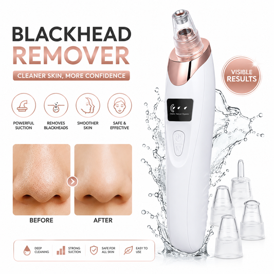 White and rose gold handheld blackhead remover device with multiple clear nozzle attachments, shown on a white background with before-and-after skin close-ups, water splash graphics, and marketing text.