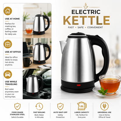 Electric Kettle 1500W – Stainless Steel Electric Water Boiler with Fast Heating, Automatic Shut-Off & 360° Rotational Base – Tea, Coffee & Hot Water Maker for Home & Kitchen